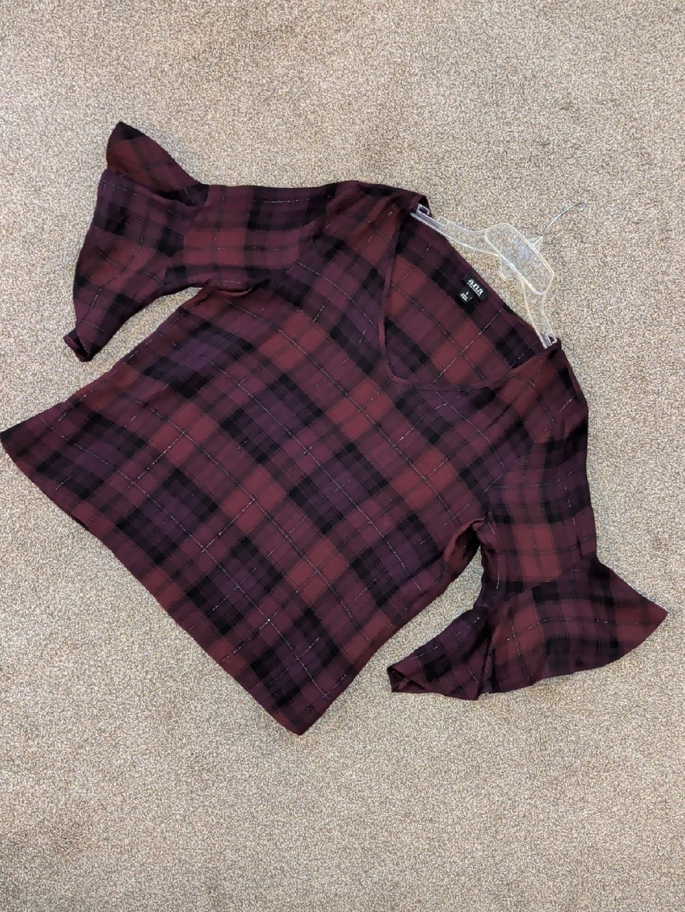 a.n.a Burgundy and Black Plaid V-Neck Flutter Sleeve Blouse Size L